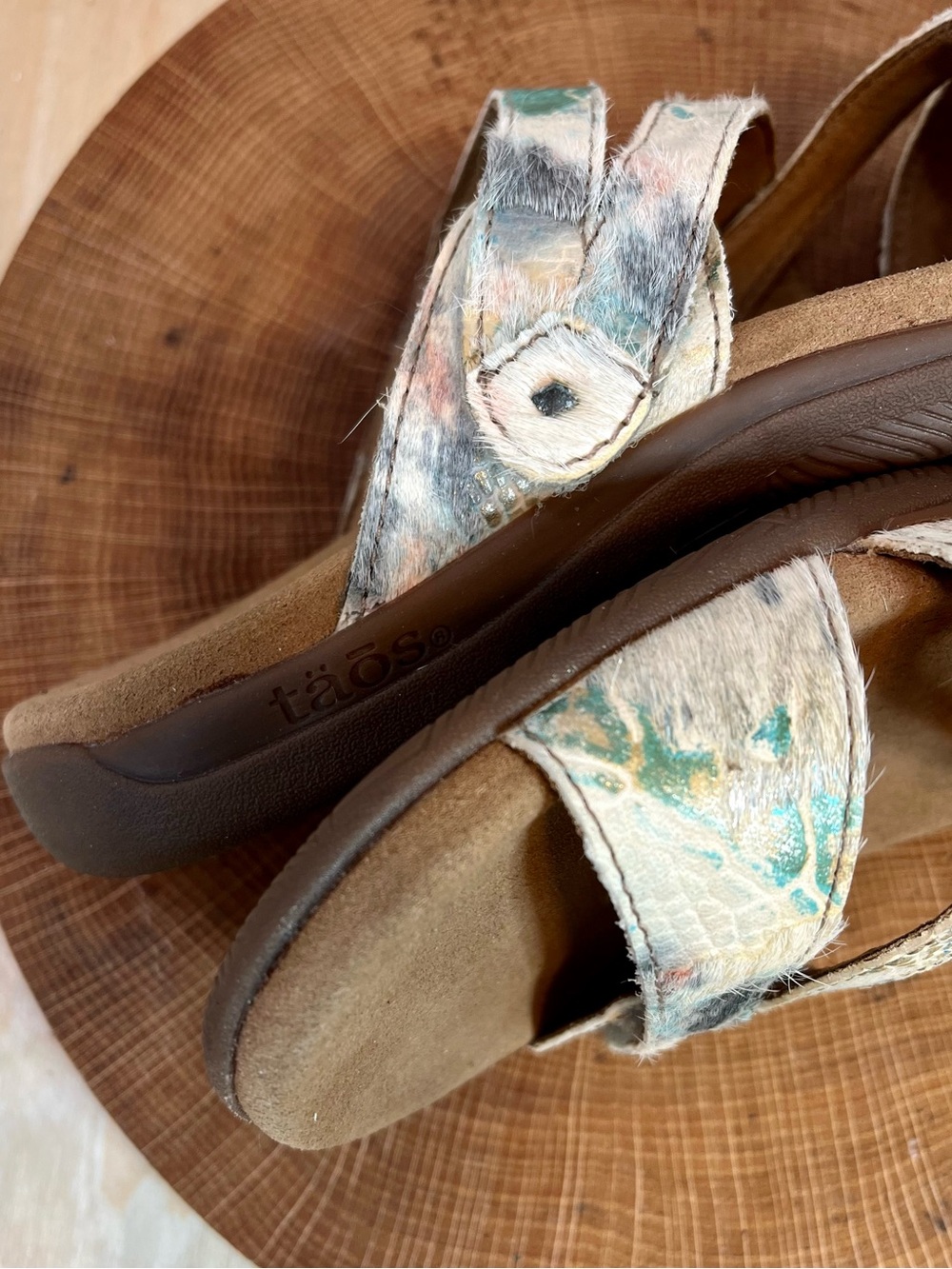 Taos Double U Sandals Leather & Calf Hair Mix Size 8 - Picture 12 of 14